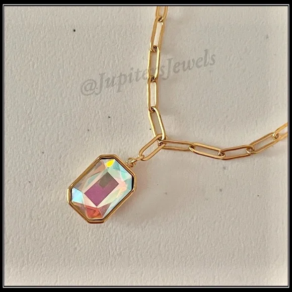 14k Gold Aurora Borealis Prism Emerald Cut Crystal Minimalist Paperclip Necklace - Picture 5 of 9